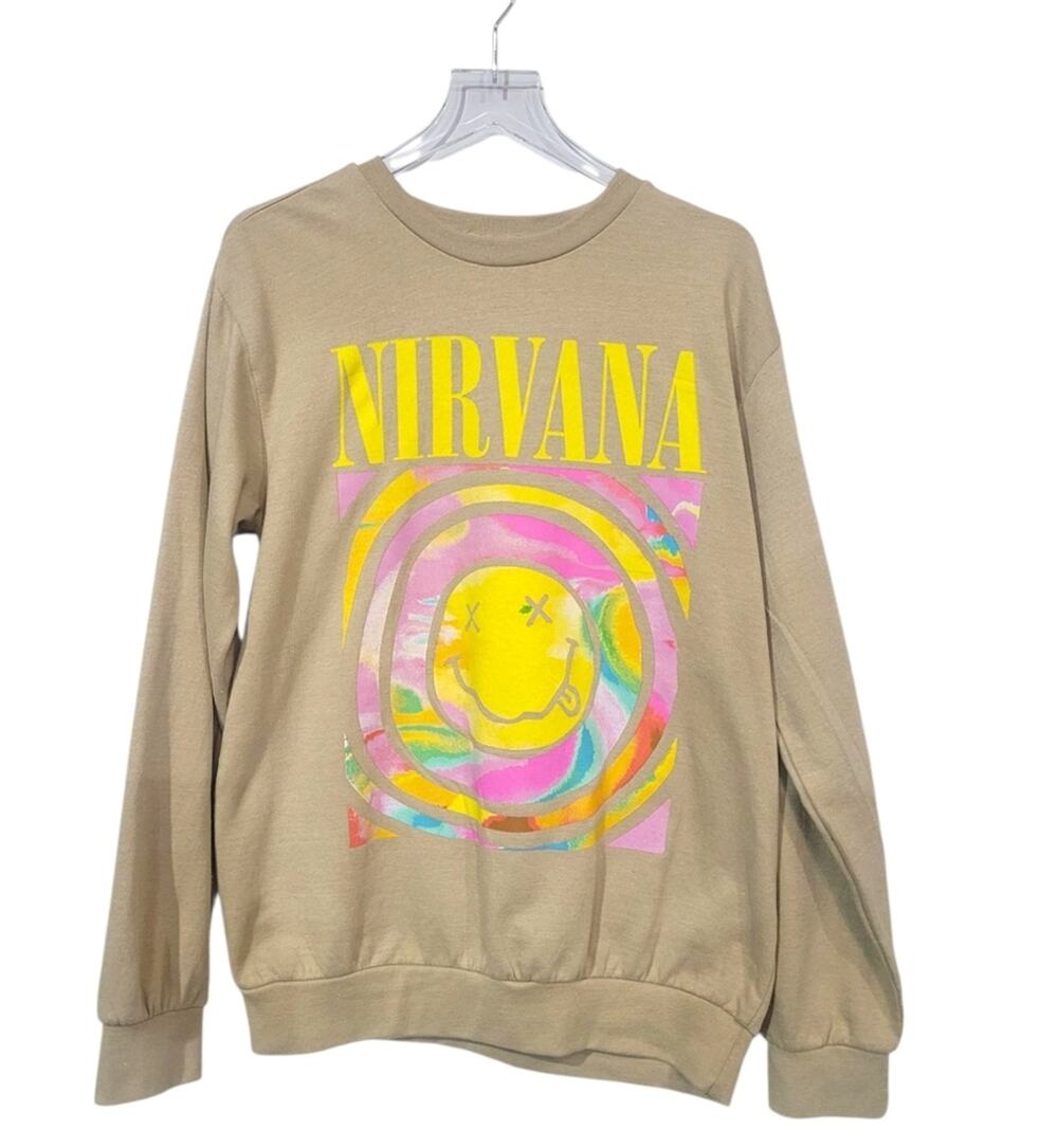 Nirvana WMS LG Graphic Sweatshirt Melting Smiley Face Psychedellic Oversized Tan
